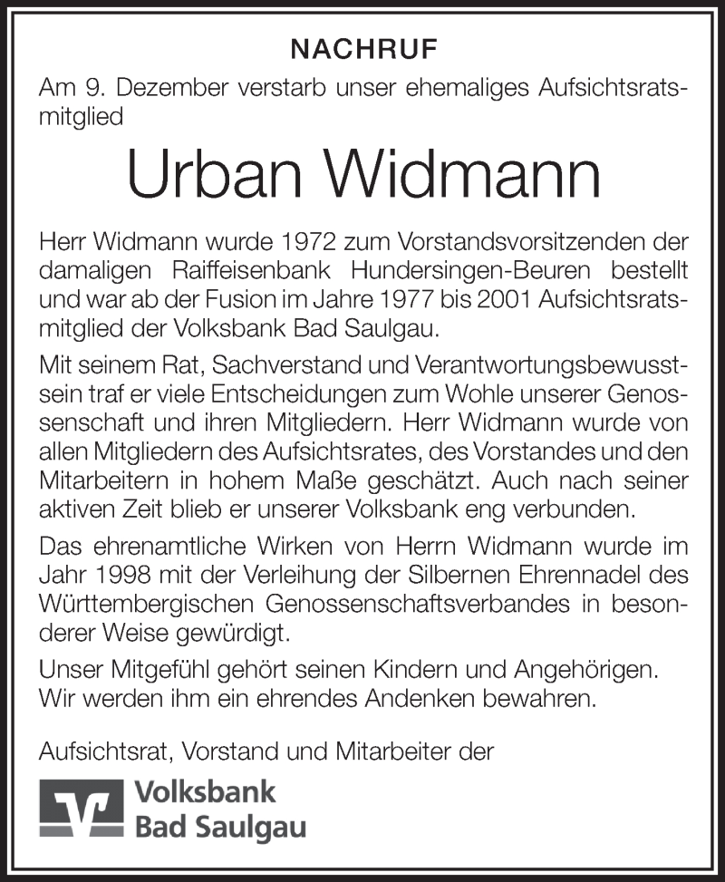 Traueranzeige für Urban Widmann vom 13.12.2016 aus Schwäbische Zeitung