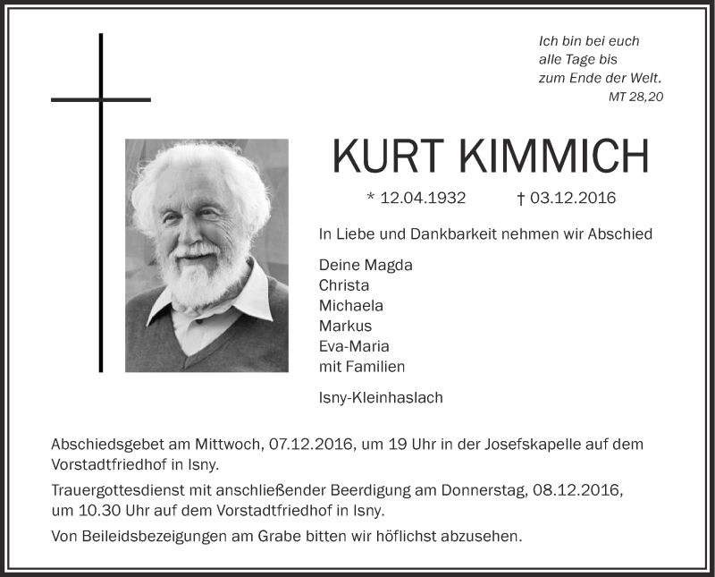  Traueranzeige für Kirt Kimmich vom 06.12.2016 aus Schwäbische Zeitung