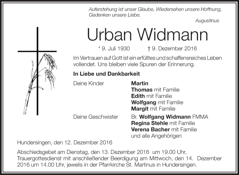  Traueranzeige für Urban Widmann vom 12.12.2016 aus Schwäbische Zeitung