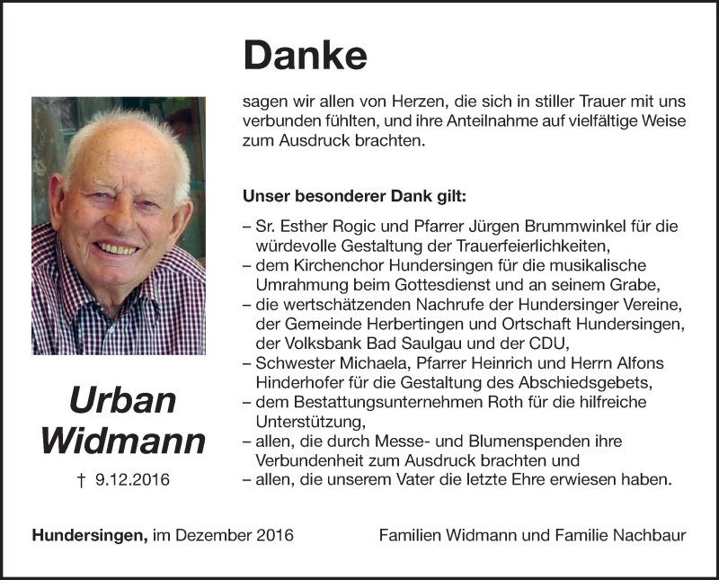  Traueranzeige für Urban Widmann vom 24.12.2016 aus Schwäbische Zeitung