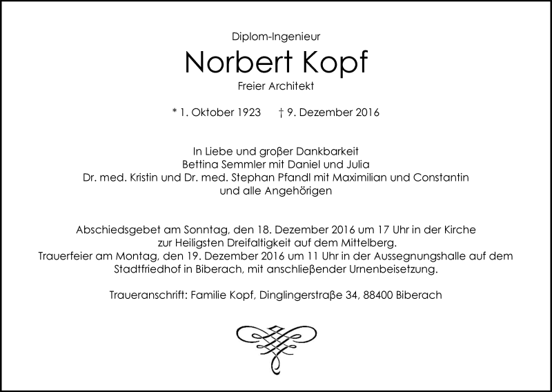  Traueranzeige für Norbert Kopf vom 17.12.2016 aus Schwäbische Zeitung
