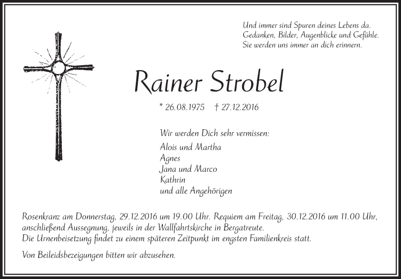  Traueranzeige für Rainer Strobel vom 29.12.2016 aus Schwäbische Zeitung