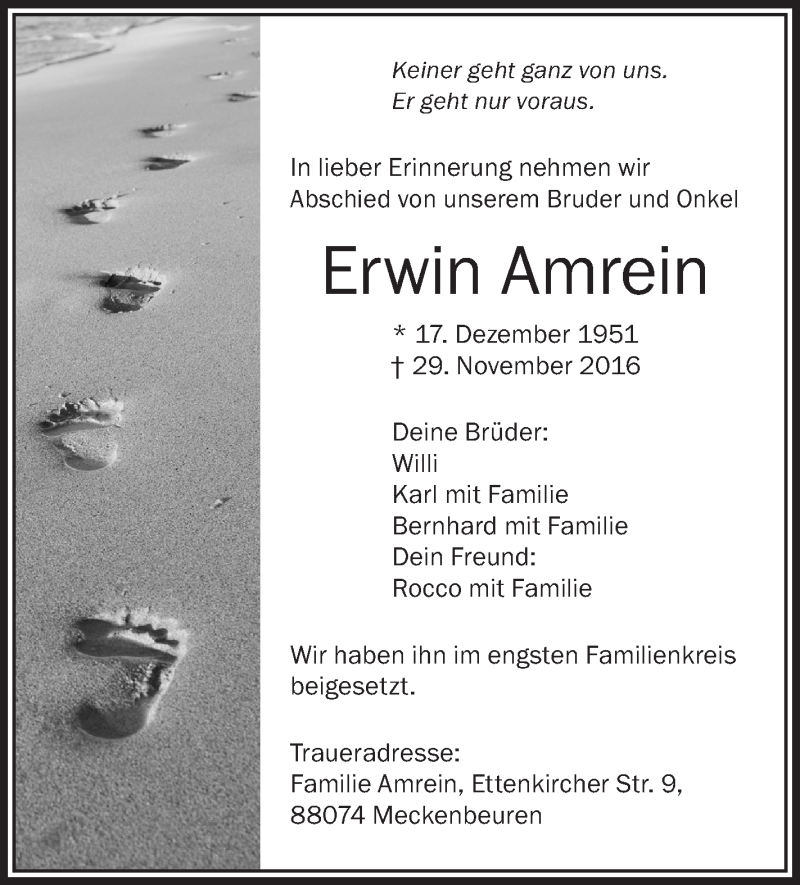  Traueranzeige für Erwin Amrein vom 10.12.2016 aus Schwäbische Zeitung