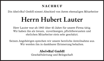 Anzeige von Hubert Lauter von Schwäbische Zeitung