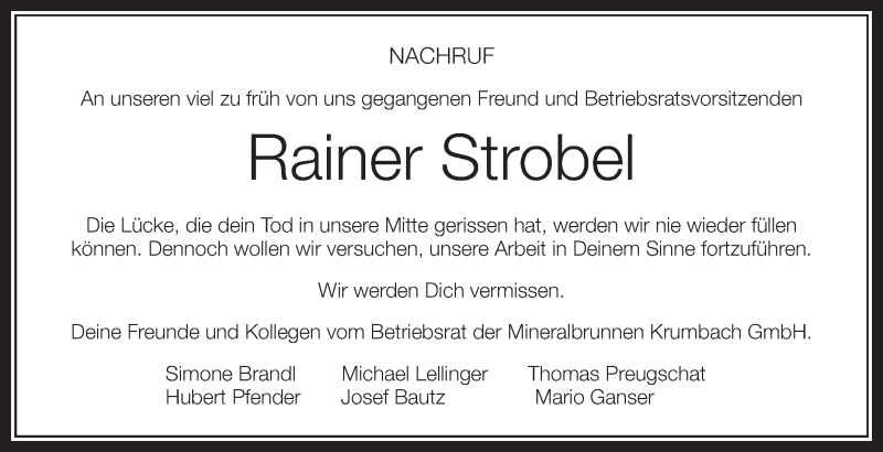  Traueranzeige für Rainer Strobel vom 30.12.2016 aus Schwäbische Zeitung