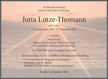 Anzeige von Jutta Lutze-Thomann von Schwäbische Zeitung