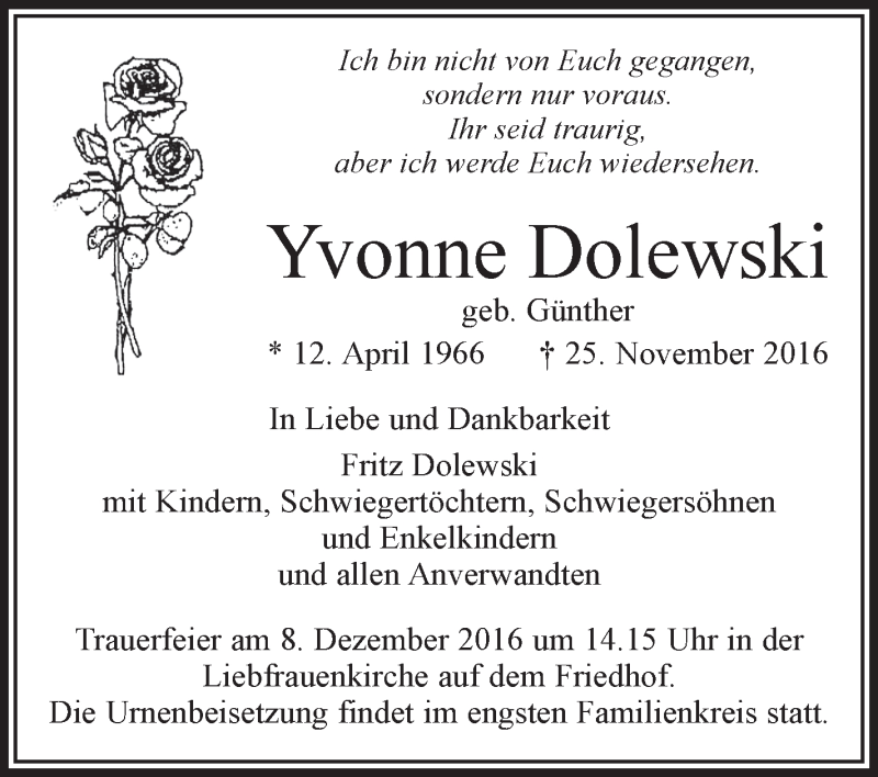  Traueranzeige für Yvonne Dolewski vom 03.12.2016 aus Schwäbische Zeitung