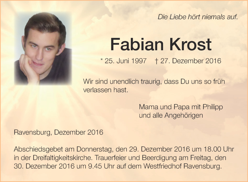  Traueranzeige für Fabian Krost vom 29.12.2016 aus Schwäbische Zeitung
