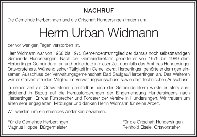  Traueranzeige für Urban Widmann vom 14.12.2016 aus Schwäbische Zeitung