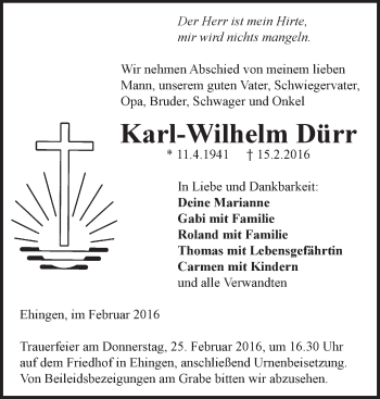 Anzeige von Karl-Wilhelm Dürr von Schwäbische Zeitung