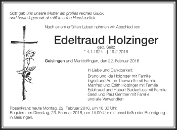 Anzeige von Edeltraud Holzinger von Schwäbische Zeitung