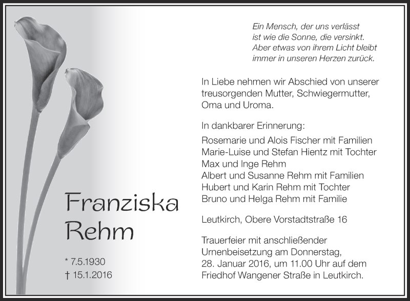  Traueranzeige für Franziska Rehm vom 26.01.2016 aus Schwäbische Zeitung