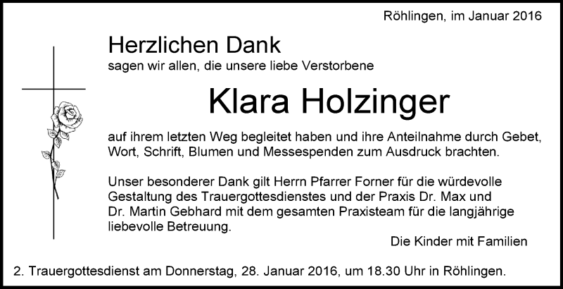  Traueranzeige für Klara Holzinger vom 25.01.2016 aus Schwäbische Zeitung