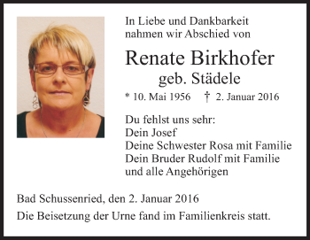 Traueranzeigen Von Renate Birkhofer | Schwaebische.de Trauerportal