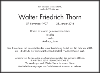 Anzeige von Walter Friedrich Thorn von Schwäbische Zeitung