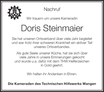 Anzeige von Doris Steinmaier von Schwäbische Zeitung
