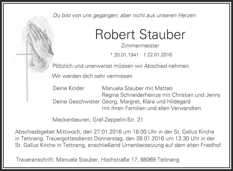  Traueranzeige für Robert Stauber vom 26.01.2016 aus Schwäbische Zeitung