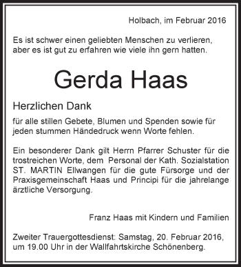 Anzeige von Gerda Haas von Schwäbische Zeitung