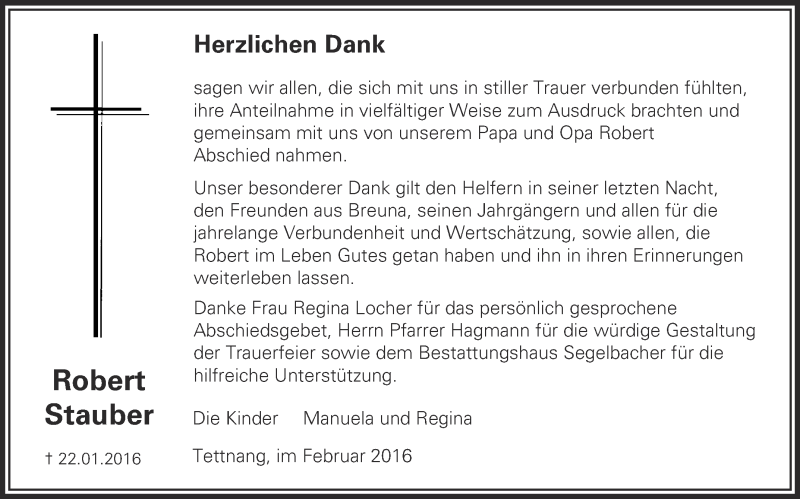  Traueranzeige für Robert Stauber vom 20.02.2016 aus Schwäbische Zeitung