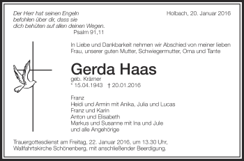 Anzeige von Gerda Haas von Schwäbische Zeitung