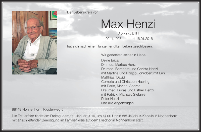  Traueranzeige für Max Henzi vom 19.01.2016 aus Schwäbische Zeitung