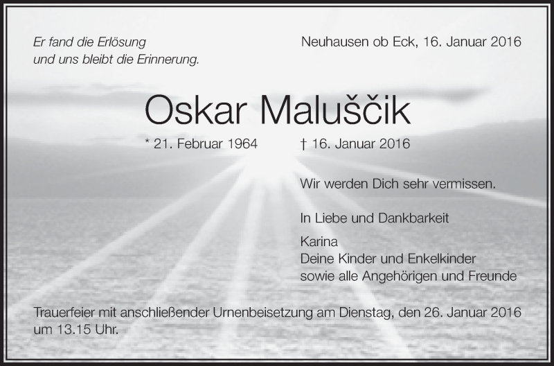  Traueranzeige für Oskar Maluscik vom 21.01.2016 aus Schwäbische Zeitung