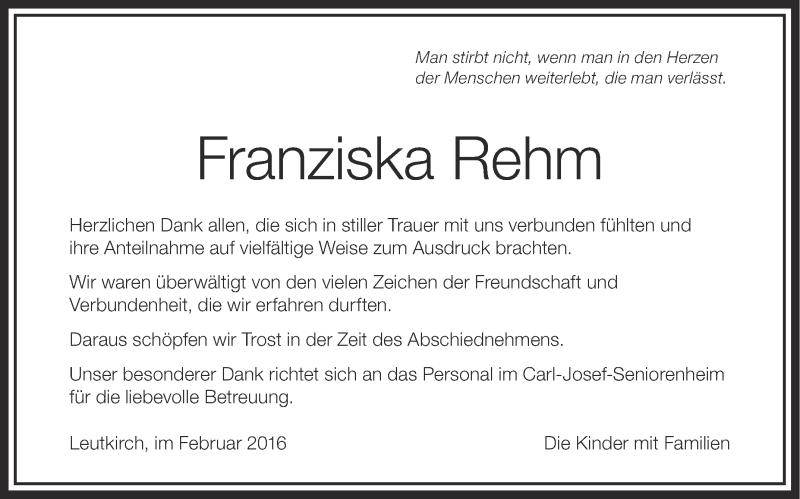 Traueranzeige für Franziska Rehm vom 11.02.2016 aus Schwäbische Zeitung