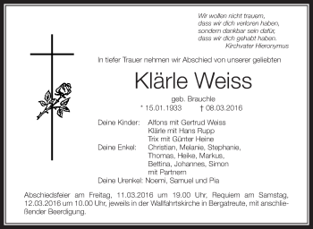 Anzeige von Klärle Weiss von Schwäbische Zeitung