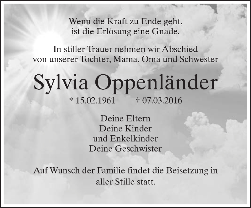  Traueranzeige für Sylvia Oppenländer vom 11.03.2016 aus Schwäbische Zeitung