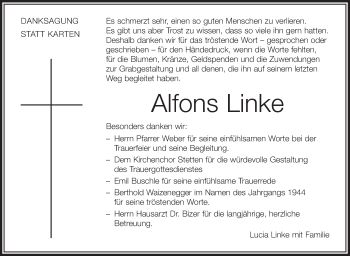 Anzeige von Alfons Linke von Schwäbische Zeitung