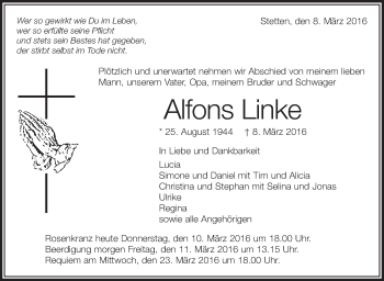 Anzeige von Alfons Linke von Schwäbische Zeitung