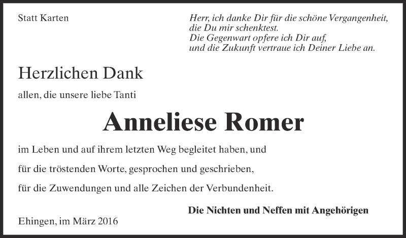 Traueranzeigen Von Anneliese Romer Schwaebische De Trauerportal