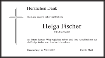 Anzeige von Helga Fischer von Schwäbische Zeitung