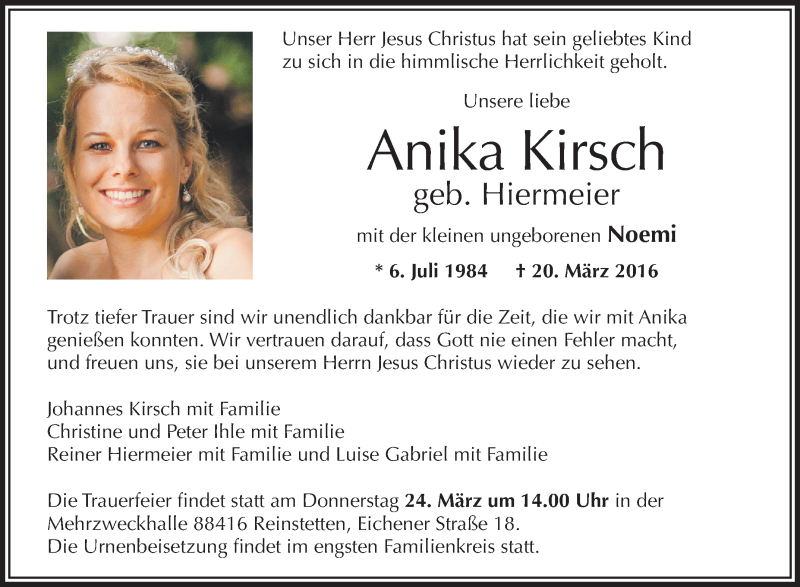  Traueranzeige für Anika Kirsch vom 23.03.2016 aus Schwäbische Zeitung