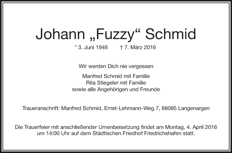  Traueranzeige für Johann  Schmid vom 12.03.2016 aus Schwäbische Zeitung