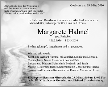 Anzeige von Margarete Hahnel von Schwäbische Zeitung