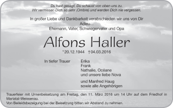 Anzeige von Alfons Haller von Schwäbische Zeitung