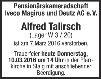 Anzeige von Alfred Talirsch von Schwäbische Zeitung