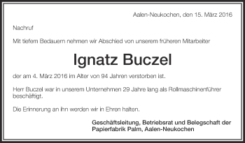 Anzeige von Ignatz Buczel von Schwäbische Zeitung