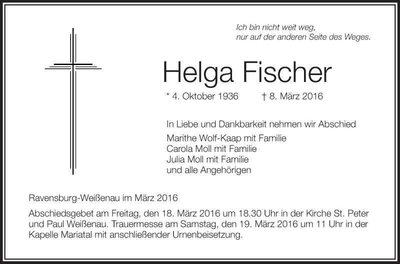  Traueranzeige für Helga Fischer vom 16.03.2016 aus Schwäbische Zeitung
