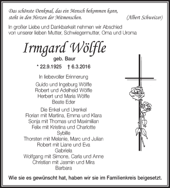 Anzeige von Irmgard Wölfle von Schwäbische Zeitung