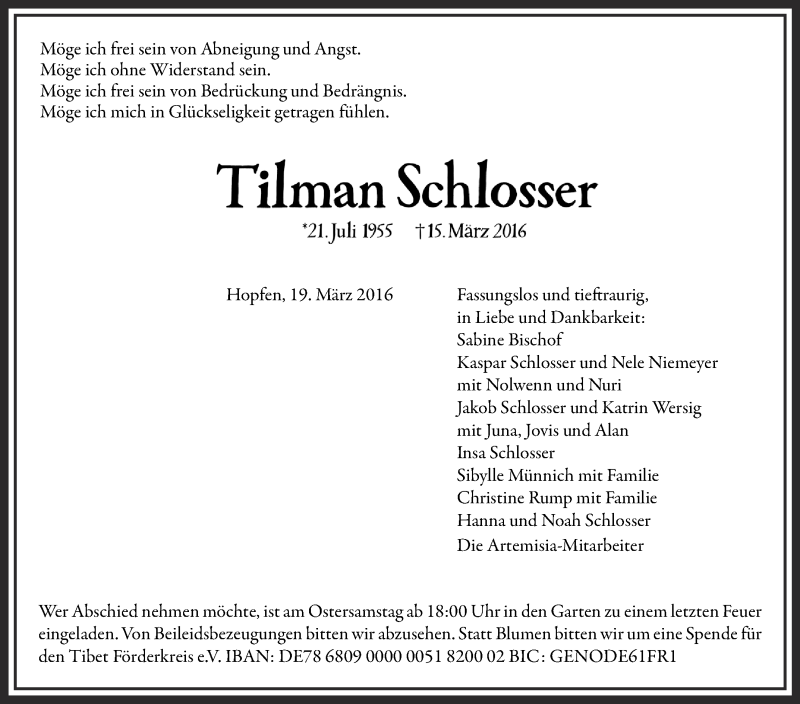  Traueranzeige für Tilman Schlosser vom 19.03.2016 aus Schwäbische Zeitung