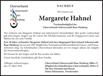 Anzeige von Margarete Hahnel von Schwäbische Zeitung