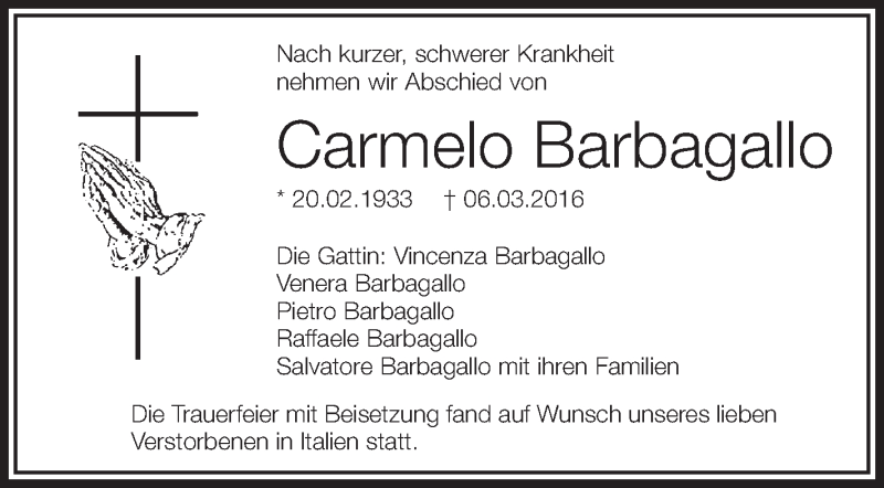  Traueranzeige für Carmelo Barbagallo vom 11.03.2016 aus Schwäbische Zeitung