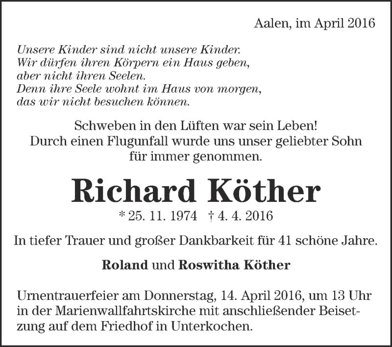  Traueranzeige für Richard Köther vom 09.04.2016 aus Schwäbische Zeitung