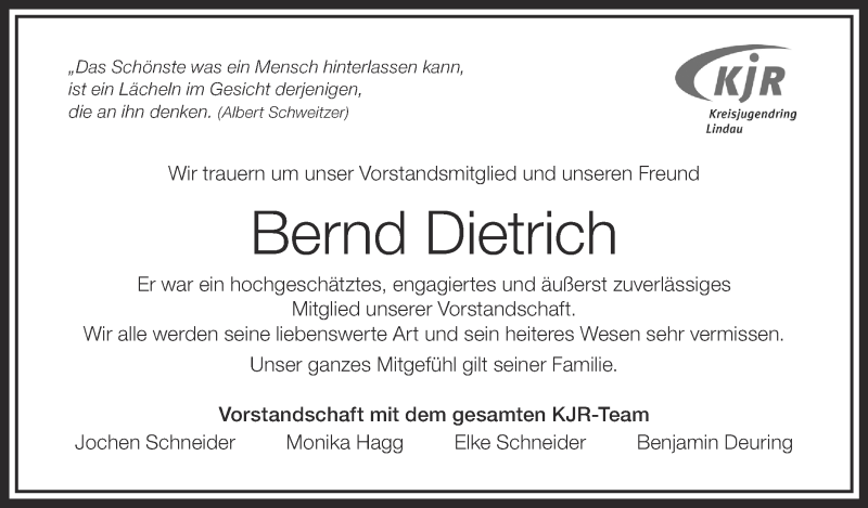  Traueranzeige für Bernd Dietrich vom 25.04.2016 aus Schwäbische Zeitung