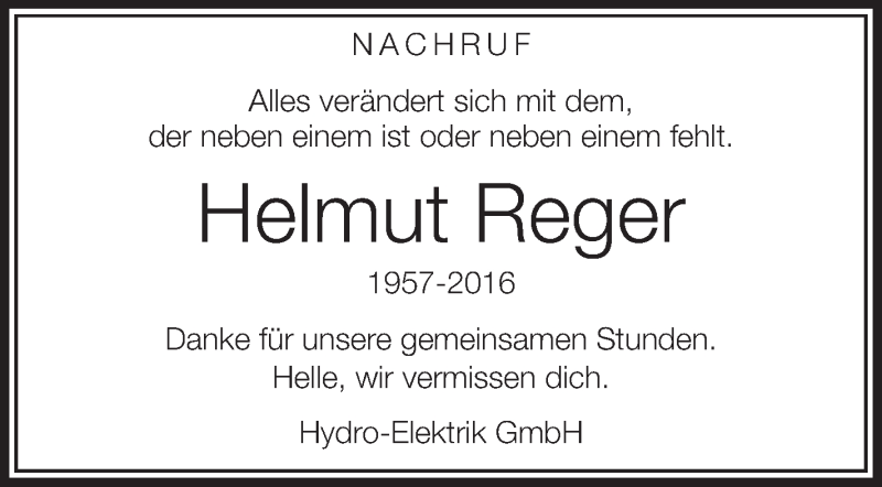  Traueranzeige für Helmut Reger vom 08.04.2016 aus Schwäbische Zeitung