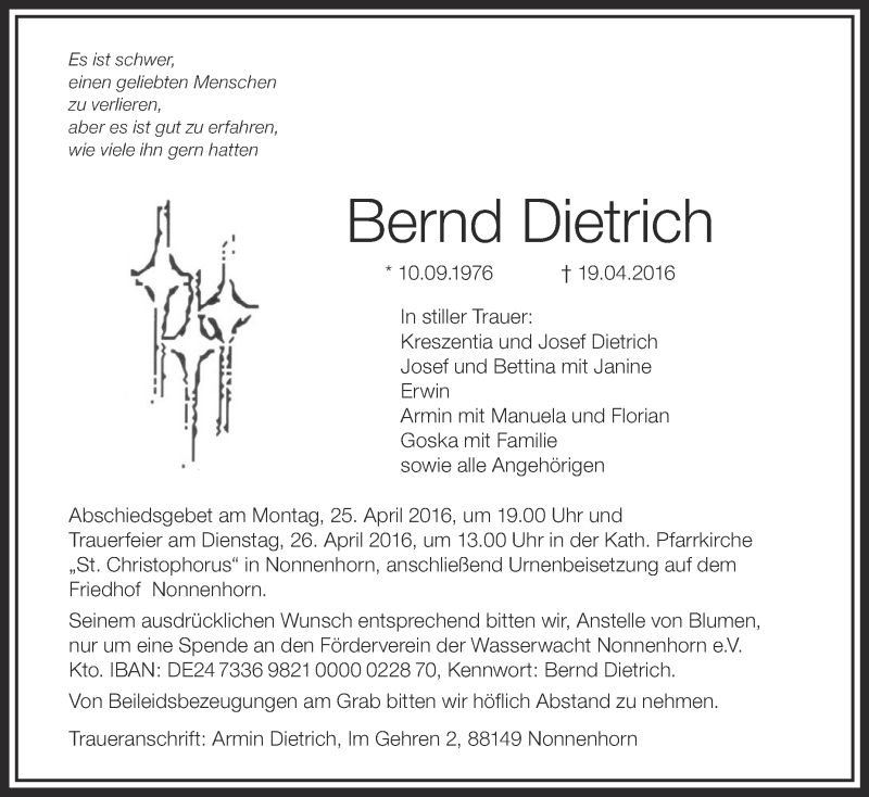  Traueranzeige für Bernd Dietrich vom 23.04.2016 aus Schwäbische Zeitung