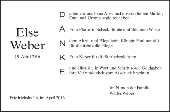 Anzeige von Else Weber von Schwäbische Zeitung