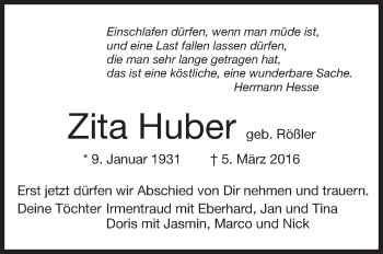 Anzeige von Zita Huber von Schwäbische Zeitung